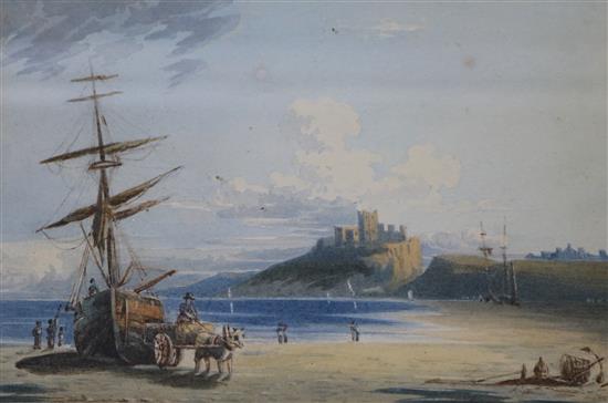 Attributed to John Varley (1778-1842), watercolour, Bamburgh Castle, Agnews label verso, 13 x 19cm
